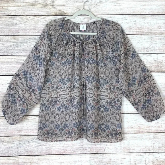 CAbi Sienna Peasant Blouse Floral Sheer Tie Neck - Picture 1 of 11